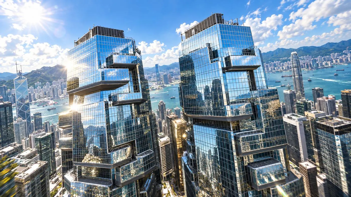 Twin glass towers above Hong Kong's Victoria Harbour